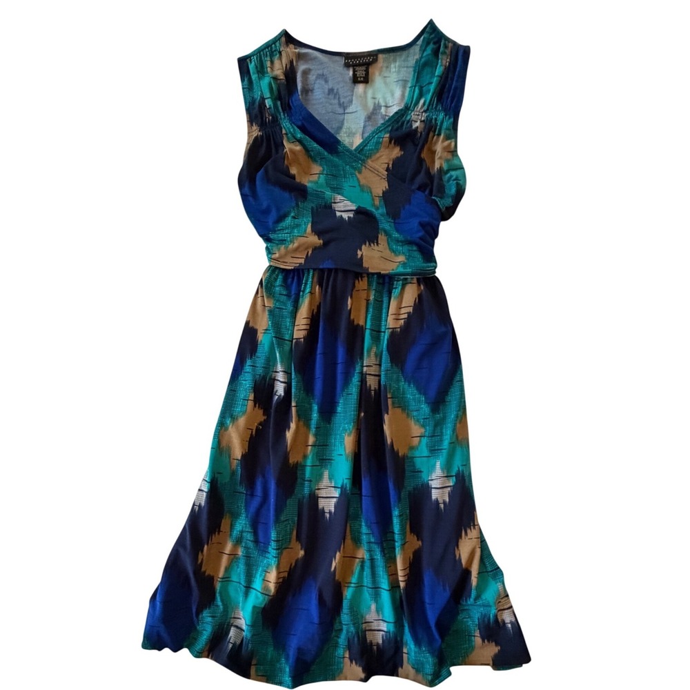 Maggy London‎ Blue Teal Ikat Print Sleeveless V-Neck Midi Dress Tie Back Size S